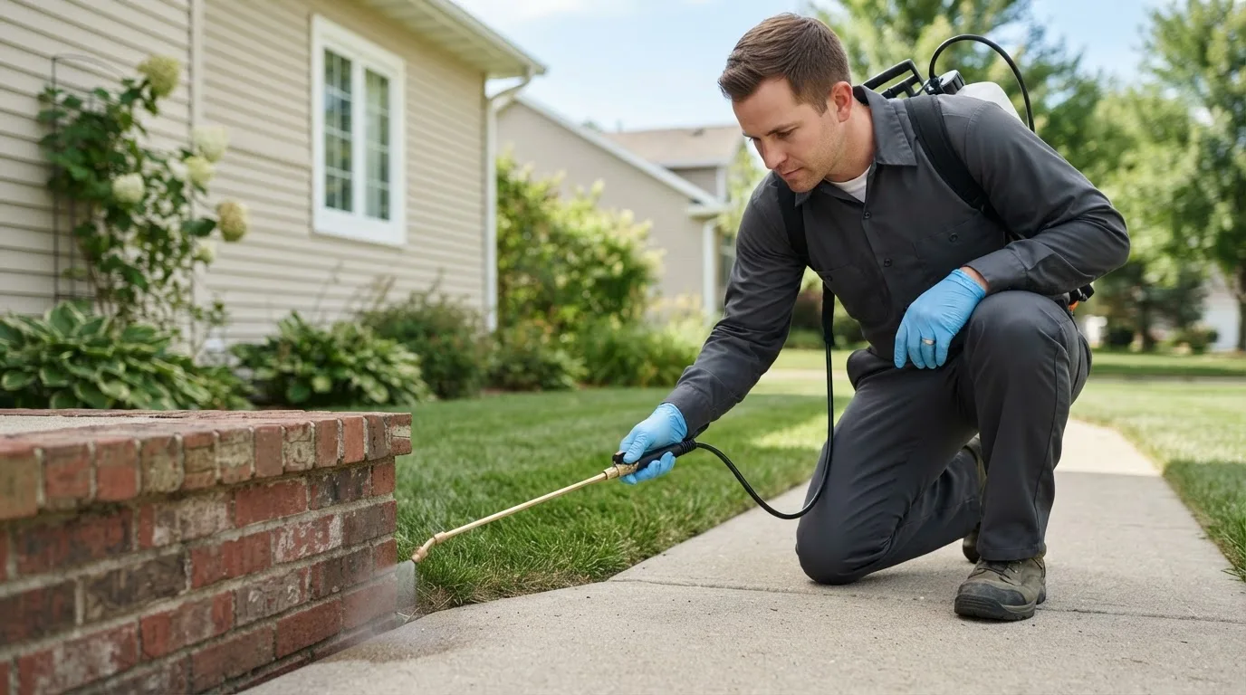 Pest control technician treating a home near Hermitage, MO