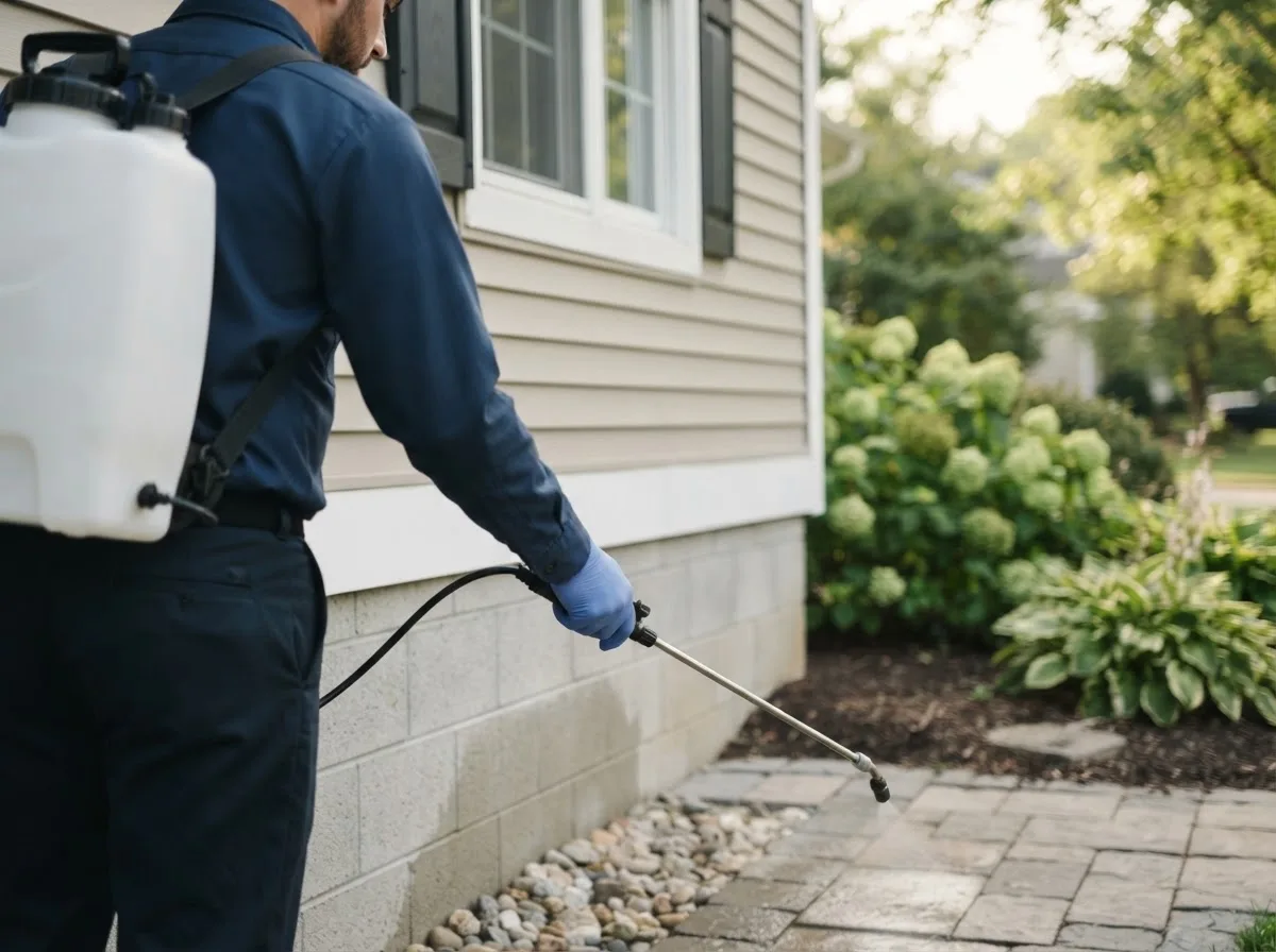 Pest control technician inspecting a home in Hermitage, MO
